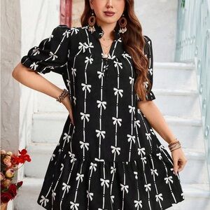 SHEIN Black and White Bow Pattern Mini Dress